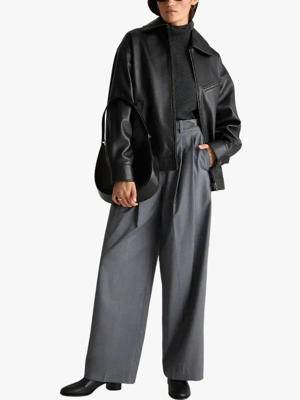 Women Quince 100% Black Leather Oversized Jacket