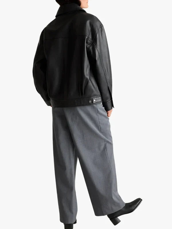 Women Quince 100% Leather Oversized Black Bomber Jacket