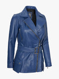 Women’s Asymmetrical Blue Belted Moto Leather Jacket With Shirt Style Collar