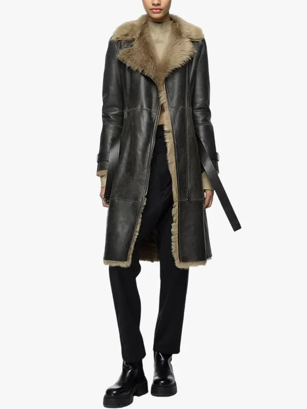 Women's Belted Shearling Leather Trench Coat