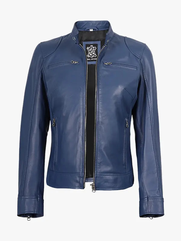 Women's Blue Biker Style Leather Jacket