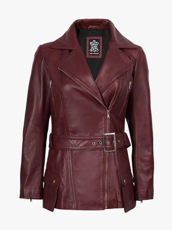 Women's Burgundy Asymmetrical Leather Biker Jacket
