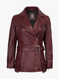 Women's Burgundy Asymmetrical Leather Biker Jacket