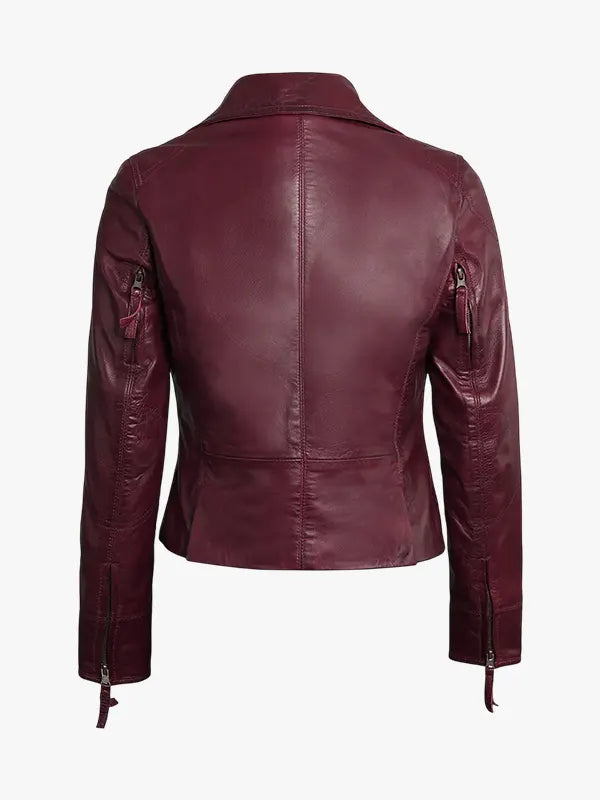 Women's Burgundy Asymmetrical Waxed Biker Leather Jacket