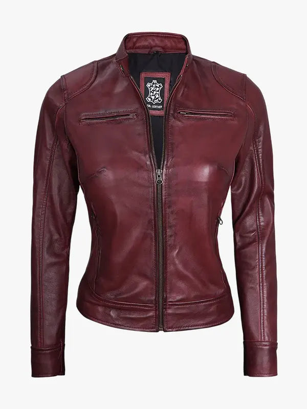 Women's Burgundy Cafe Racer Leather Jacket