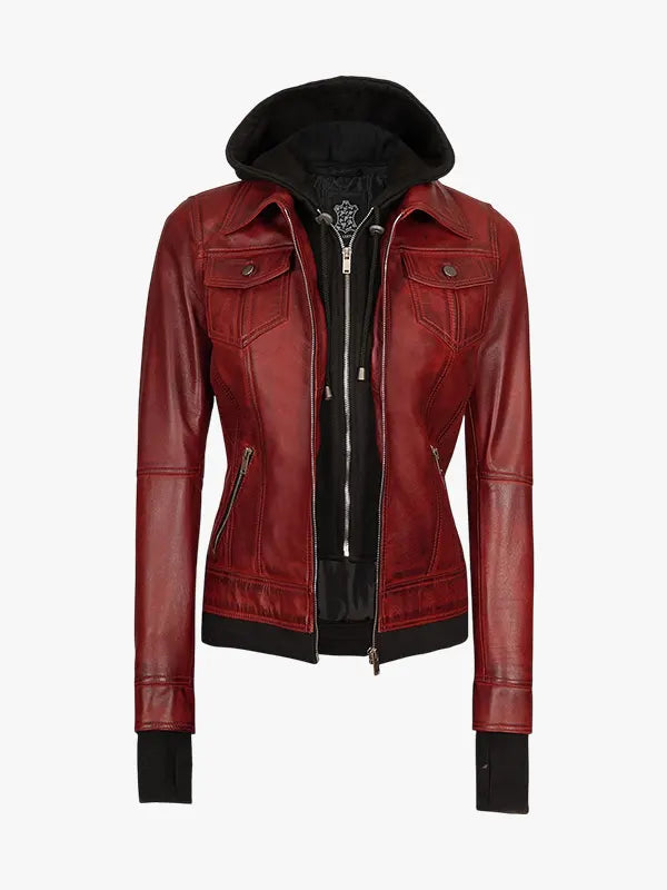 Women's Burgundy Hooded Leather Jacket