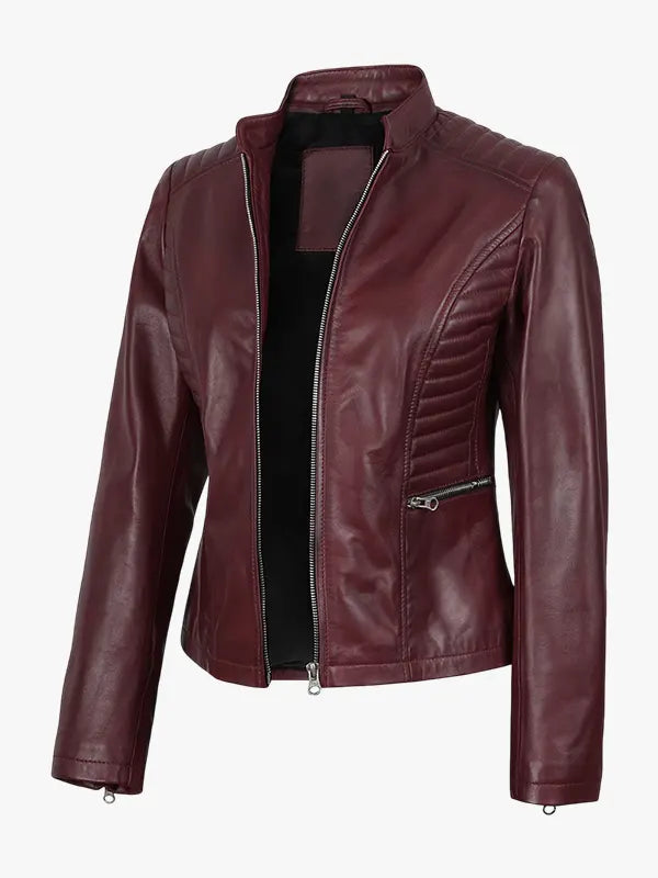 Women's Burgundy Leather Cafe Racer Jacket