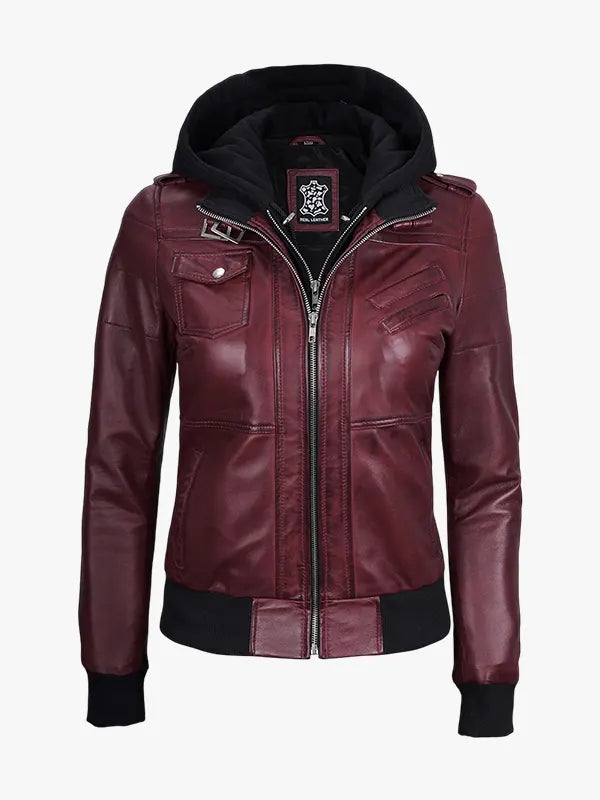 Women's Burgundy Leather Jacket  Hood
