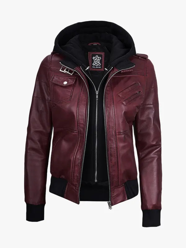Women's Burgundy Leather Jacket With Hooded