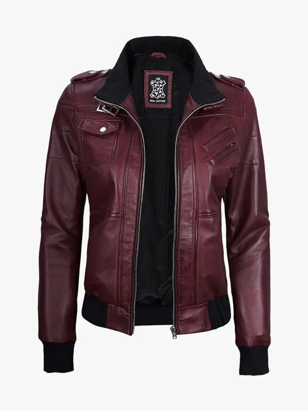 Women's Burgundy Leather Jacket with Removable Hood