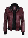 Women's Burgundy Leather Jacket with Removable Hood