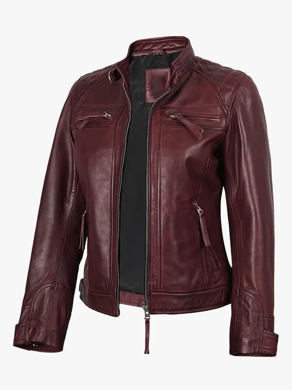 Women's Burgundy Real Lambskin Biker Style Jacket