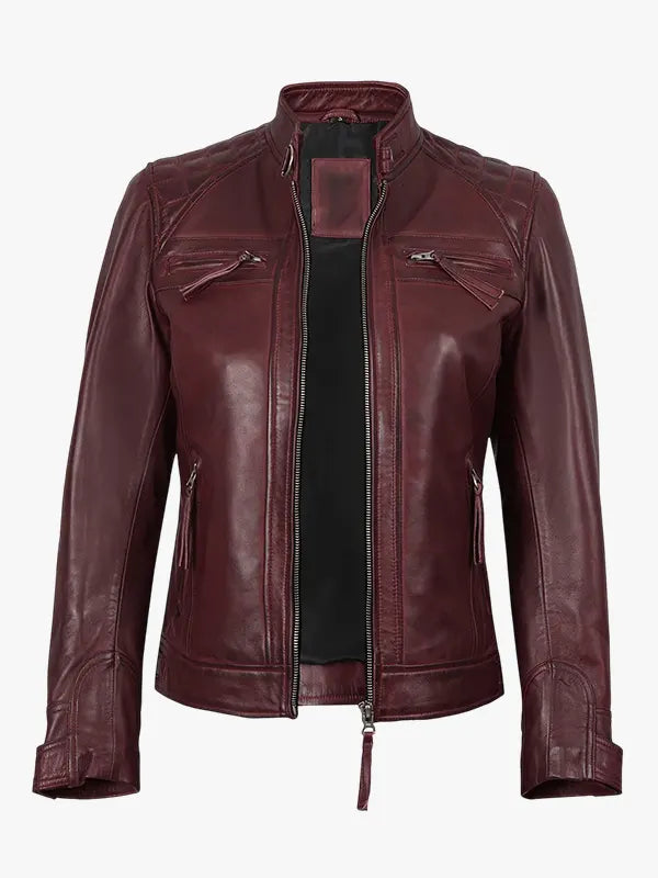 Women's Burgundy Real Lambskin Leather Biker Style Jacket