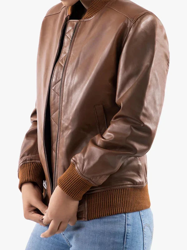 Women’s Classic Baseball Cognac Brown Leather Bomber Style Jacket