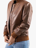 Women’s Classic Baseball Cognac Brown Leather Bomber Style Jacket