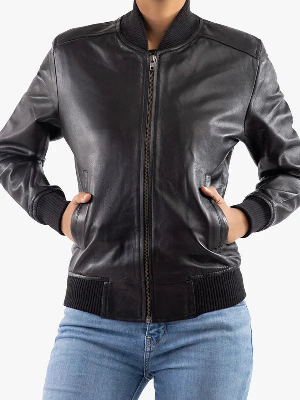 Women’s Genuine Black Leather Classic Baseball Bomber Jacket