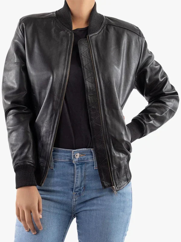 Women’s Genuine Leather Baseball Bomber Jacket