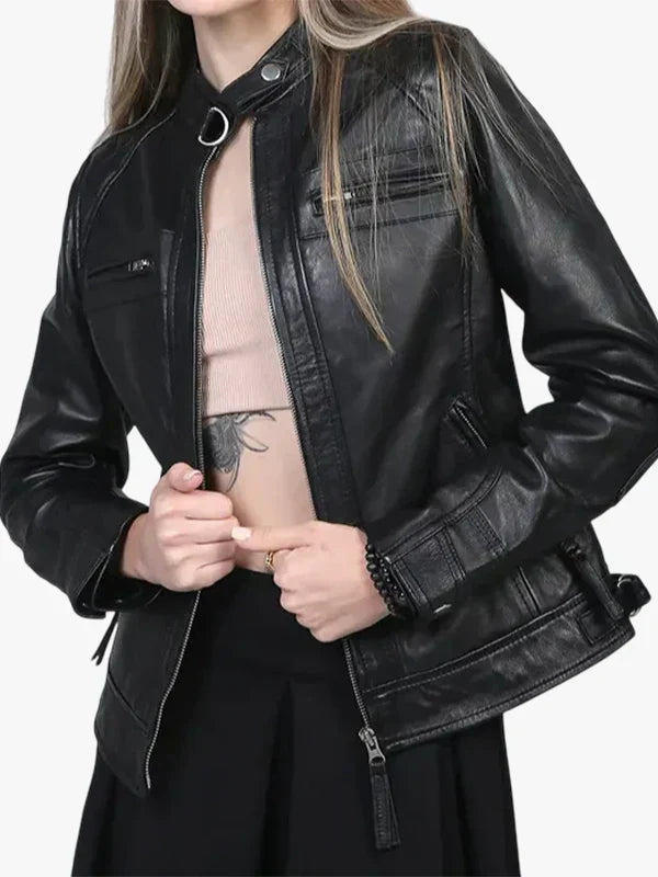 Women's Johnson Cafe Racer Black Leather Jacket