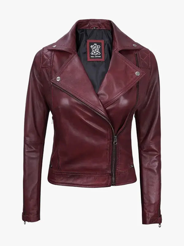 Women's Kimberley Leather Biker Burgundy Jacket