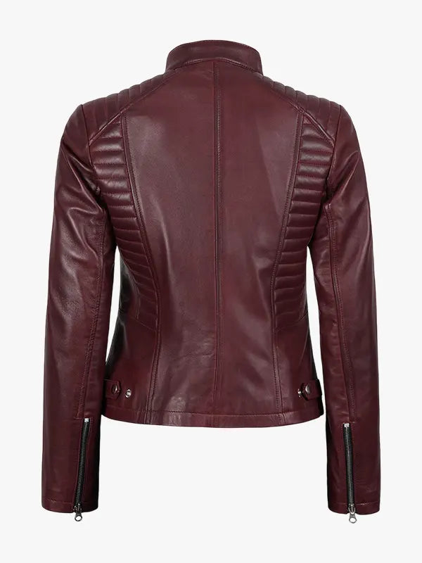 Women's Leather Burgundy Cafe Racer Jacket