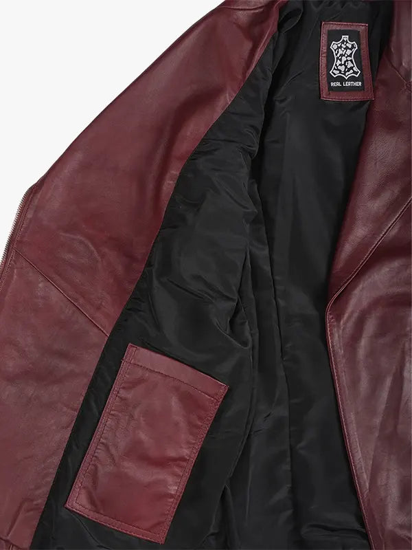 Women's Maroon Asymmetrical Real Leather Biker Jacket