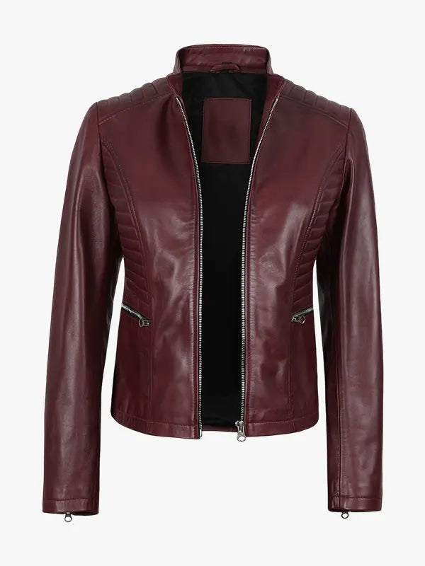 Women's Maroon Leather Cafe Racer Jacket