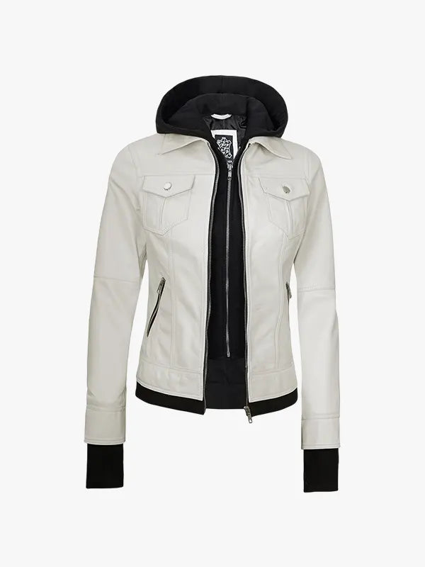 Women’s Off White Detachable Hood Leather Jacket