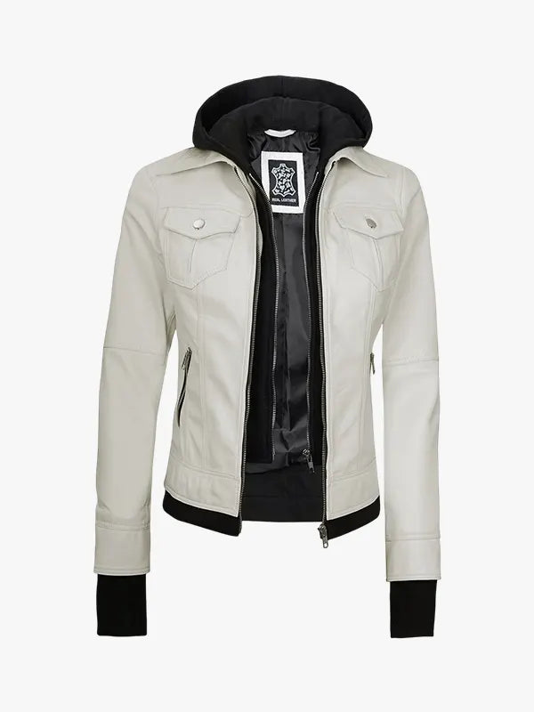 Women’s Off White Leather Removable Hood Jacket
