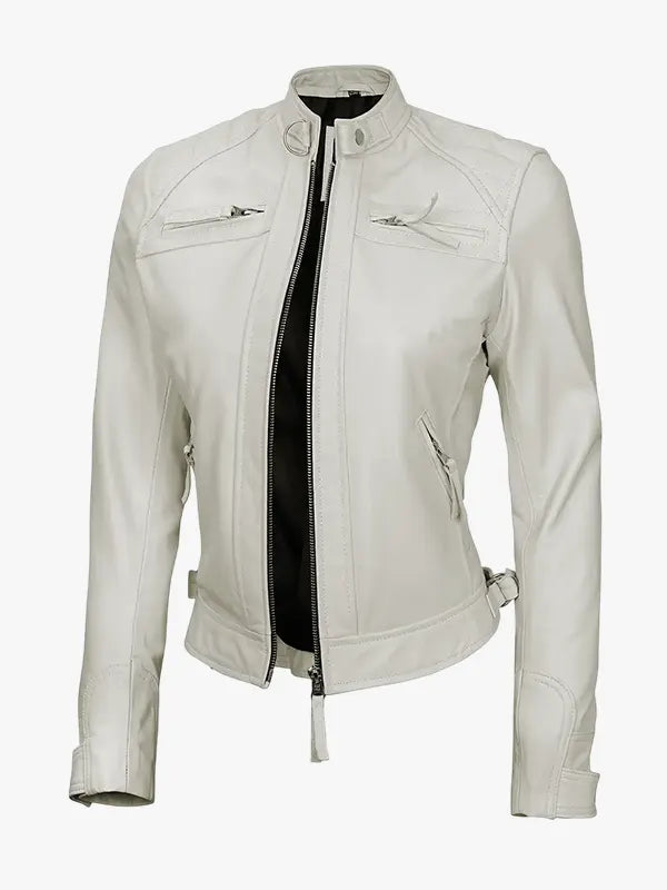 Women’s Off White Quilted Leather Biker Jacket