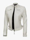 Women’s Off White Quilted Leather Biker Jacket