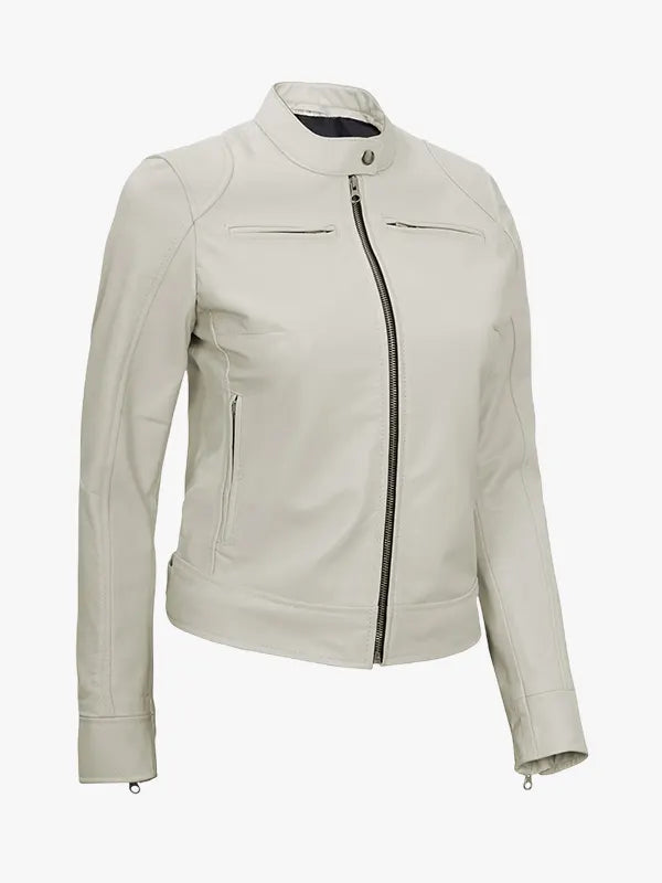 Women’s Off White Real Leather Café Racer Jacket