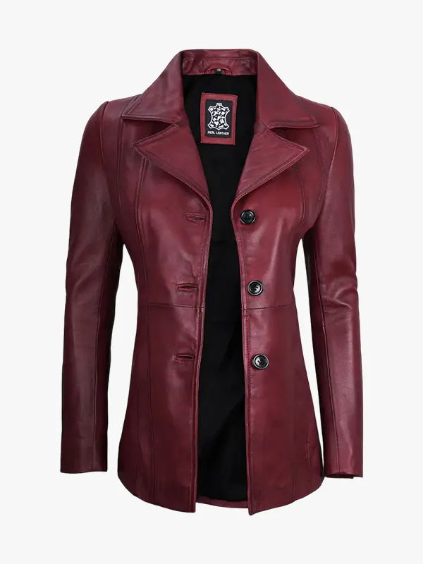 Women's Real Leather Burgundy Blazer