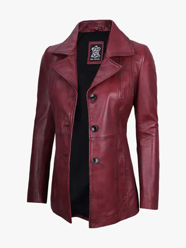 Women's Real Leather Burgundy Blazer Coat