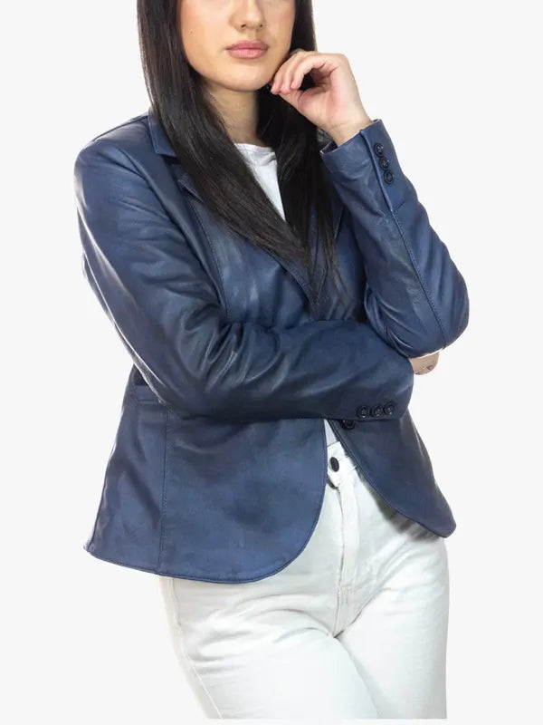 Women’s Real Leather Jacket in Blue – Classic 712