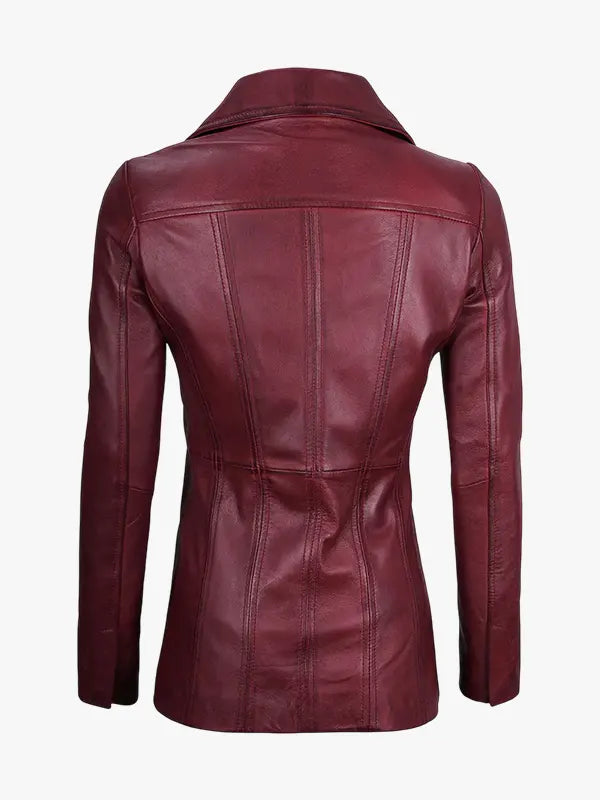 Women's Real Leather Maroon Blazer Coat