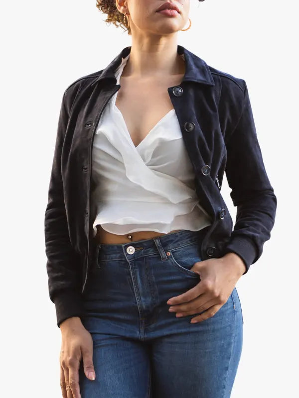 Women’s Real Suede Bomber Jacket in Blue – Polo