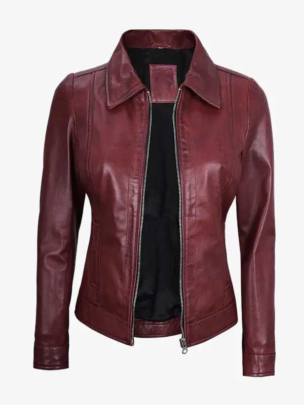 Women's Shirt Collar Burgundy Leather Jacket