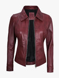 Women's Shirt Collar Burgundy Leather Jacket