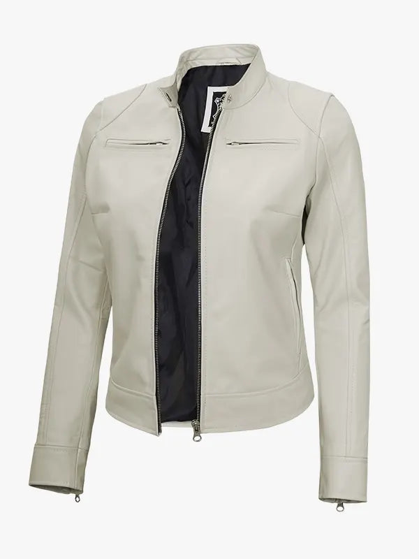 Women’s Slim Fit Off White Café Racer Leather Jacket