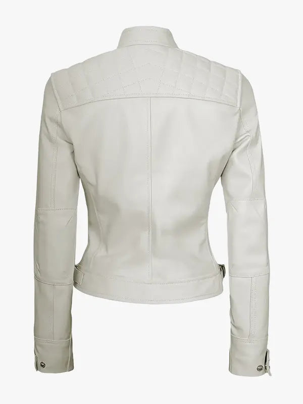 Women’s Slim Fit Off White Quilted Biker Jacket