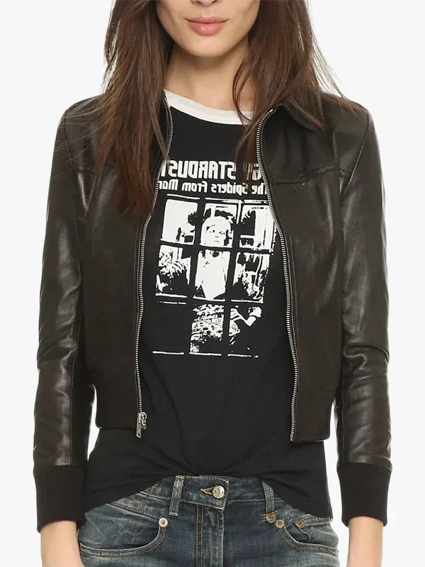 Women’s Utopia Black Leather Cropped Bomber Jacket