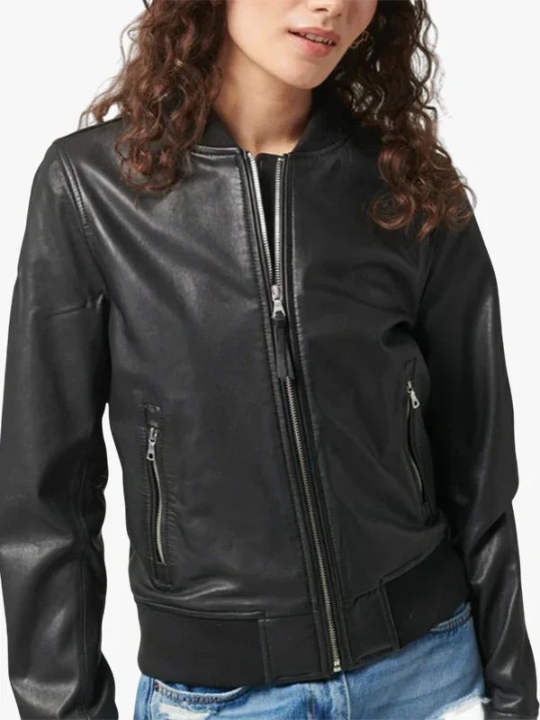 Women’s Vanilla Black Leather Bomber Jacket