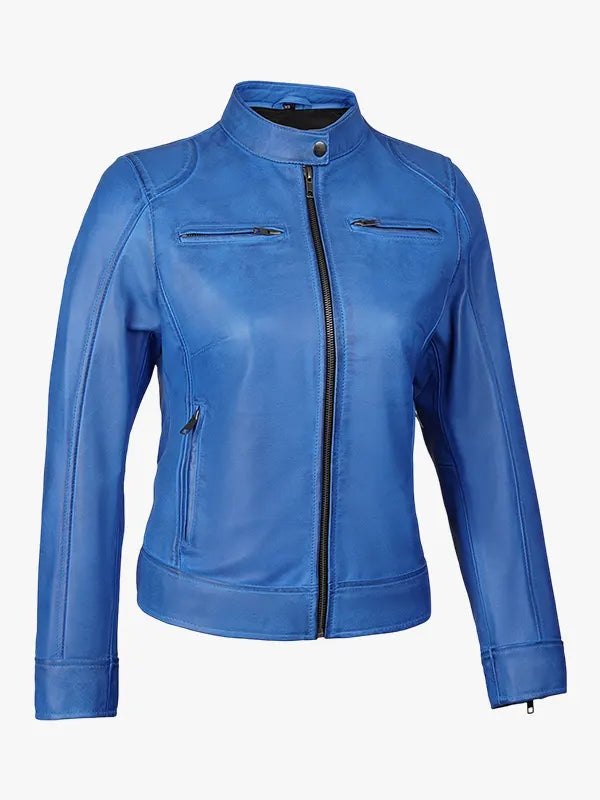 Women’s Vivid Sky Blue Leather Biker Jacket