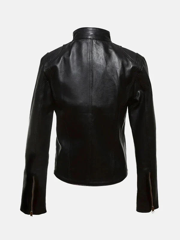 Womens Belted Collar Black Leather Jacket Back