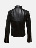 Womens Belted Collar Black Leather Jacket Back
