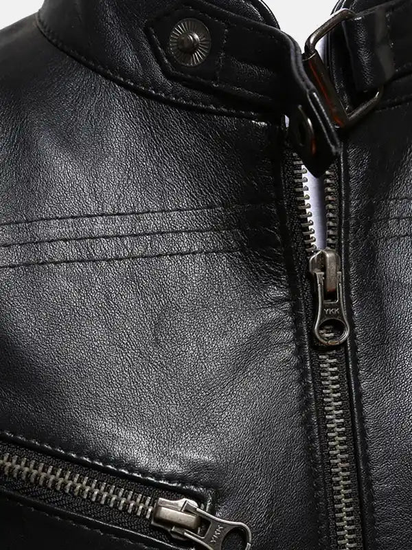 Womens Belted Collar Black Leather Jacket Front Close Up