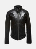 Womens Belted Collar Black Leather Jacket Front