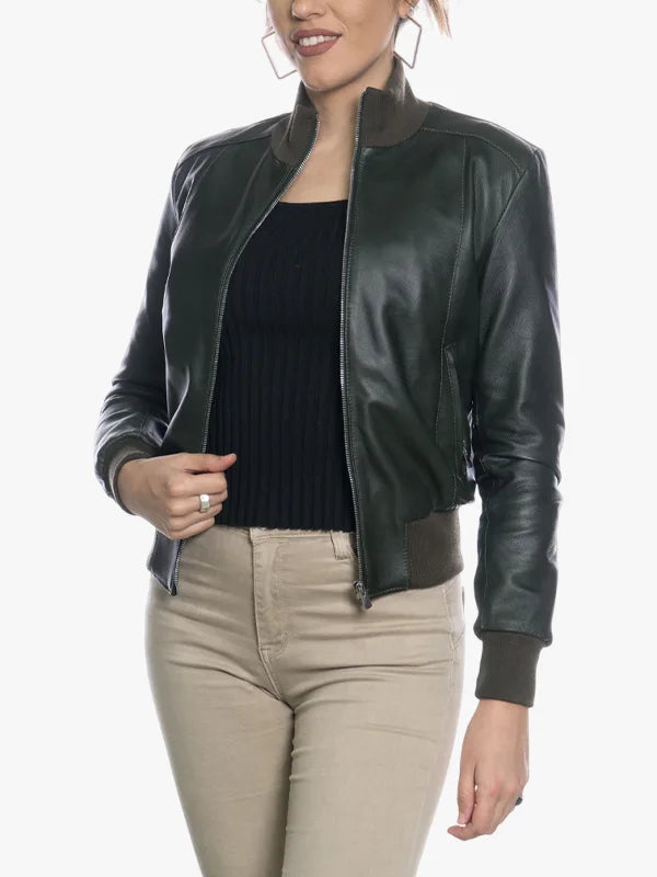 Womens Bomber Moto Jacket In Dark Green