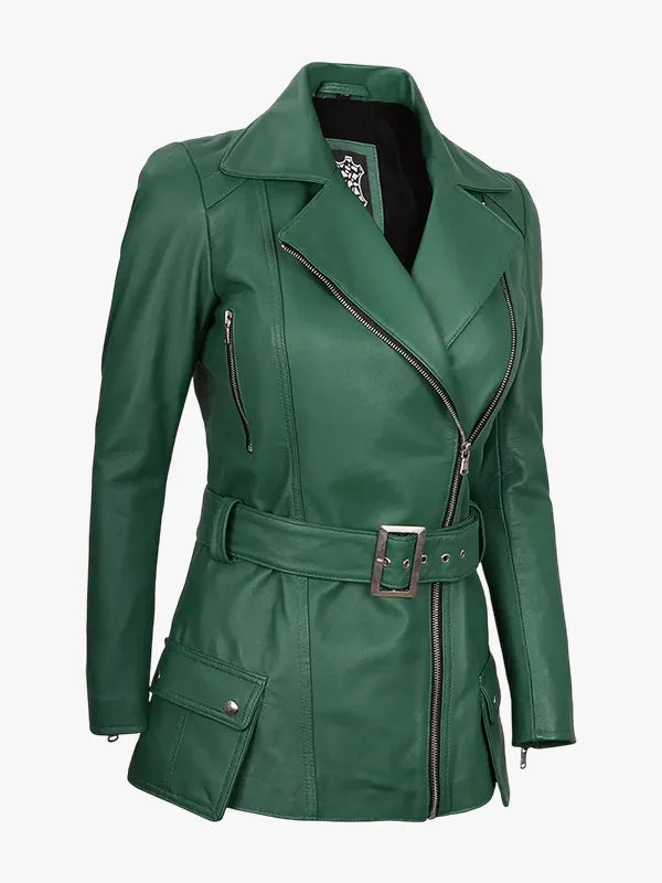 Womens Green Belted Biker Jacket With Lapel Collar
