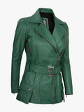 Womens Green Belted Biker Jacket With Lapel Collar